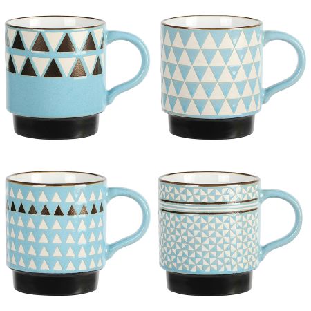 Mr. Coffee Primevalley 4 Piece 14 Ounce Stackable Assorted Wax Relief Triangle Design Mug Set